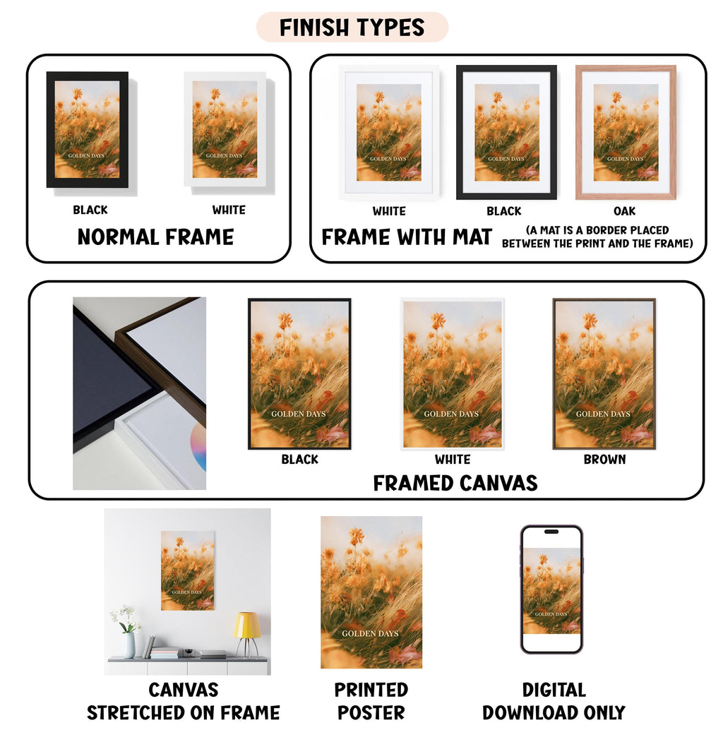 various finish types for framed artwork, including canvas, printed poster, and digital download, each with different color schemes and mat placements.