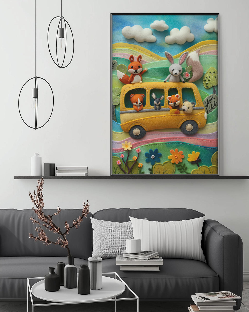a cozy living room with a gray couch, a coffee table, and a large framed poster of a cartoon bus with animals on it. The poster is hanging on the wall above the couch, creating a playful and whimsical atmosphere in the room.