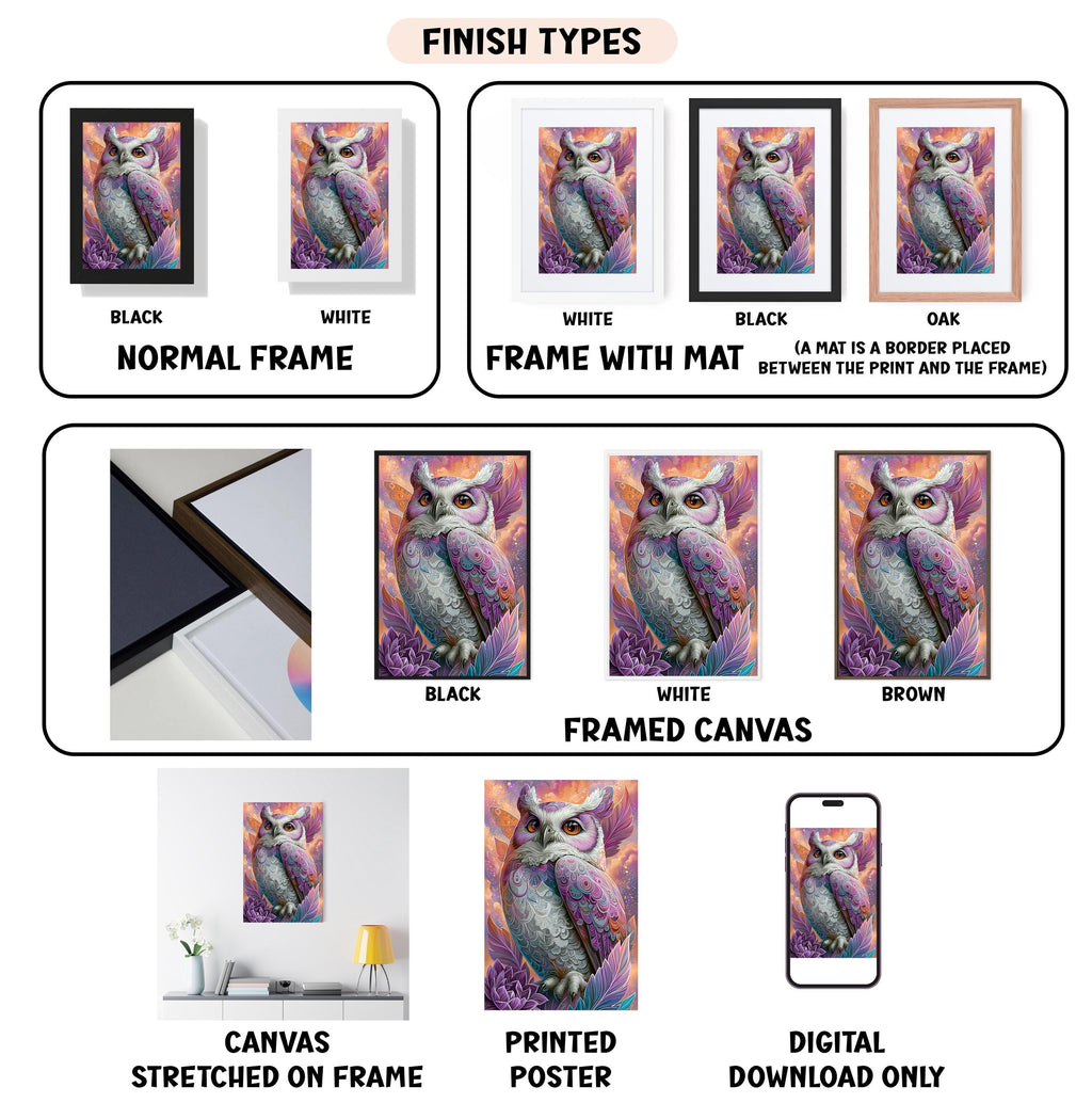 various finish types for a framed artwork of an owl, including black, white, black, oak, white, framed canvas, and digital download only.