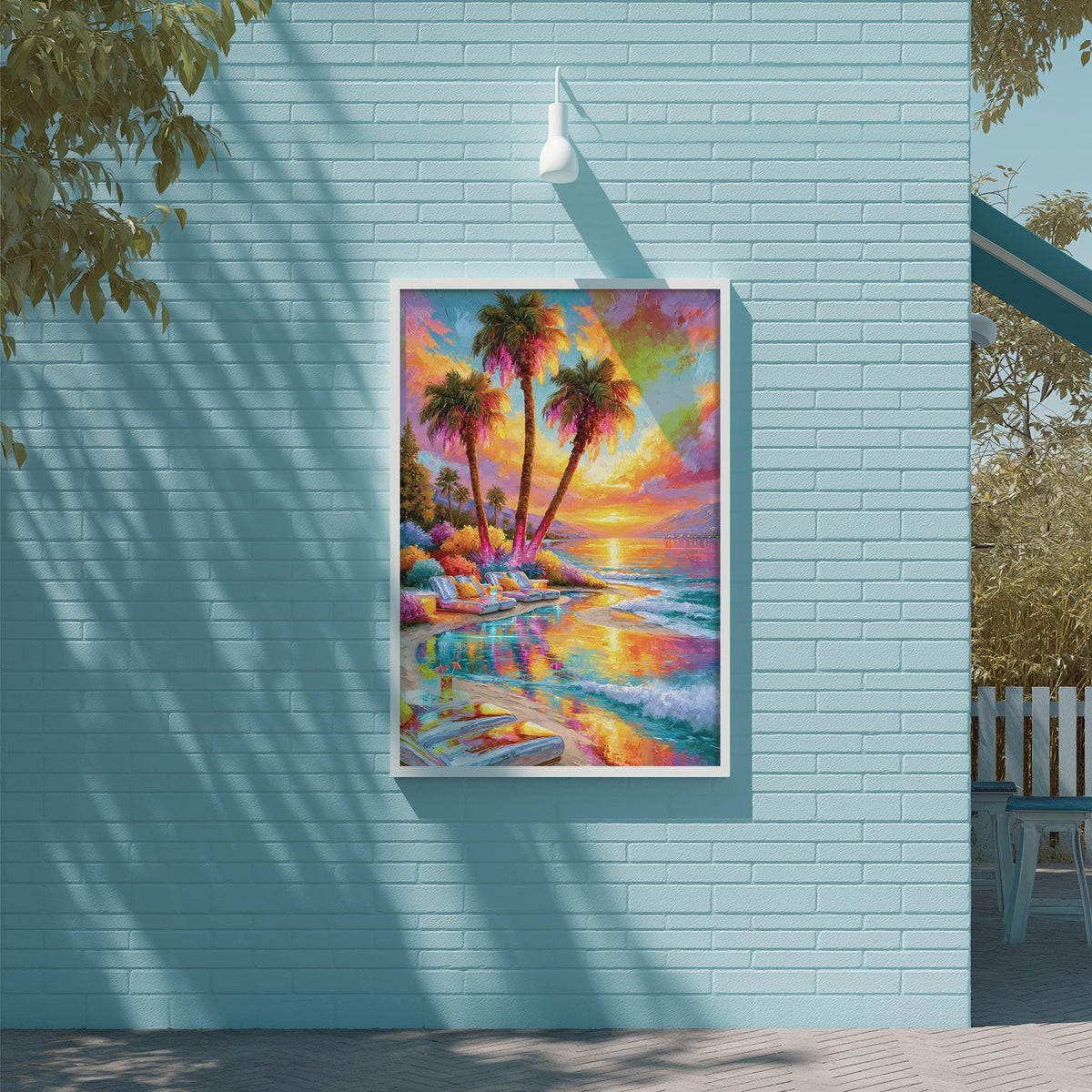 a vibrant painting of a tropical beach scene, with palm trees, a sunset, and a body of water. The painting is displayed on a blue wall, and there is a white light fixture above it.