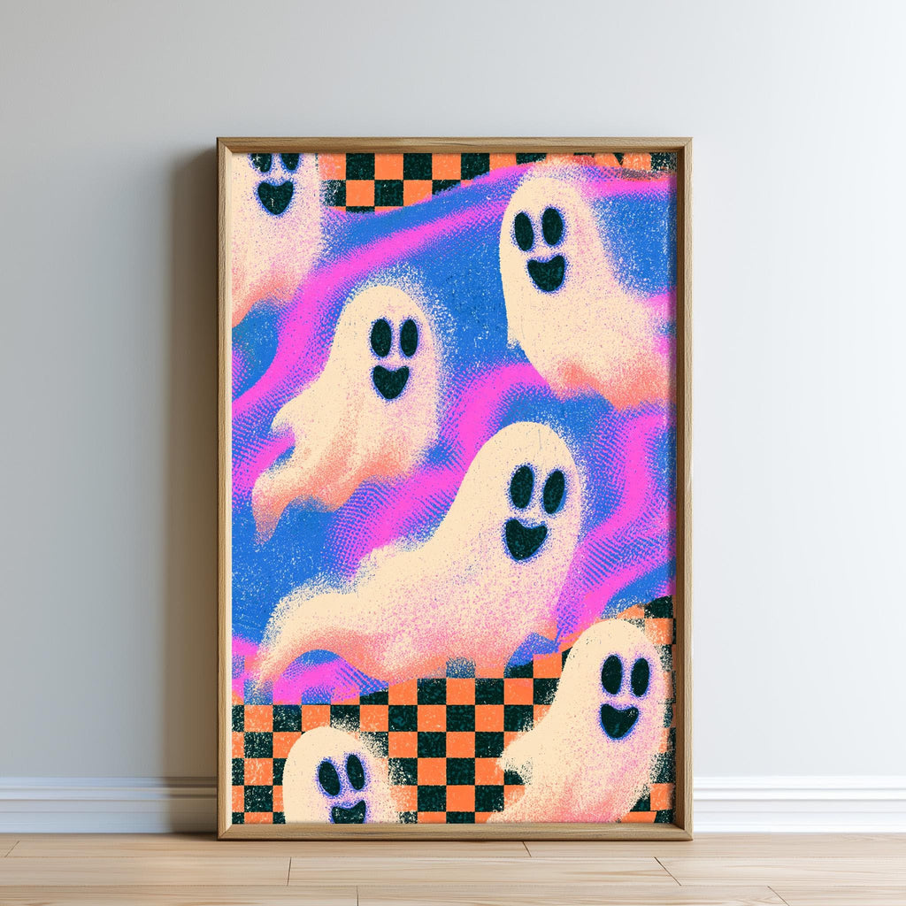 The image is a framed poster featuring a vibrant, colorful design with ghostly, whimsical figures against a checkered background.