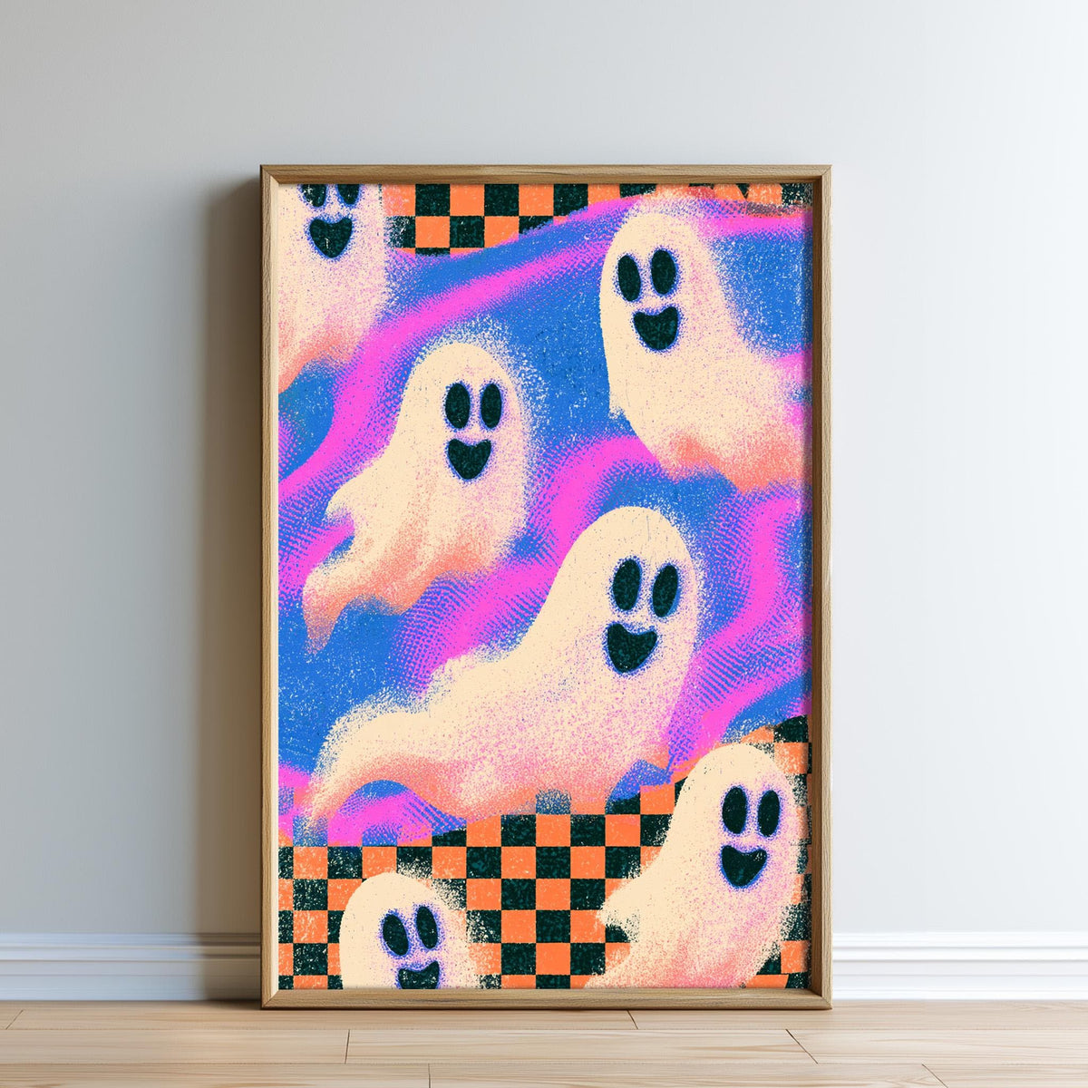 The image is a framed poster featuring a vibrant, colorful design with ghostly, whimsical figures against a checkered background.