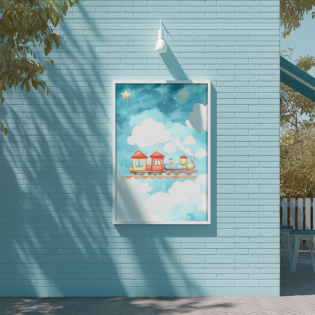 a blue brick wall with a framed illustration of a train on a cloud-filled sky, creating a whimsical and playful scene.