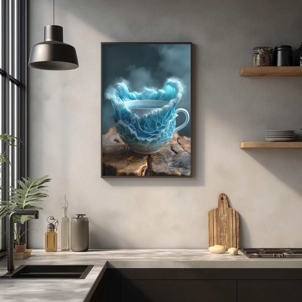 a framed photograph of a teacup with a blue and white design, hanging on a wall above a kitchen counter with various kitchen items and decor.
