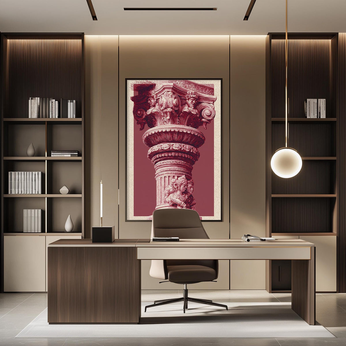 a modern and stylish office space with a large, ornate column as the focal point. The room is well-lit, with a desk and chair positioned in front of the column, creating a comfortable workspace. The office is also equipped with bookshelves and a pendant light, adding to the overall aesthetic and functionality of the space.