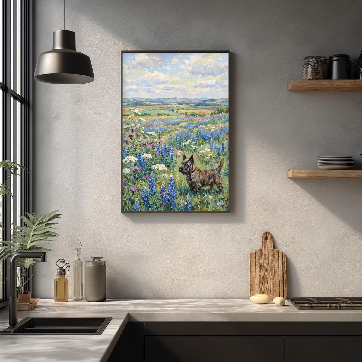 a kitchen counter with a framed painting of a dog in a field of flowers hanging above it. The painting is a vibrant depiction of a dog standing amidst a field of colorful flowers. The kitchen counter is equipped with various items, including a cutting board, a bottle, and a vase. The overall scene creates a warm and inviting atmosphere in the kitchen.