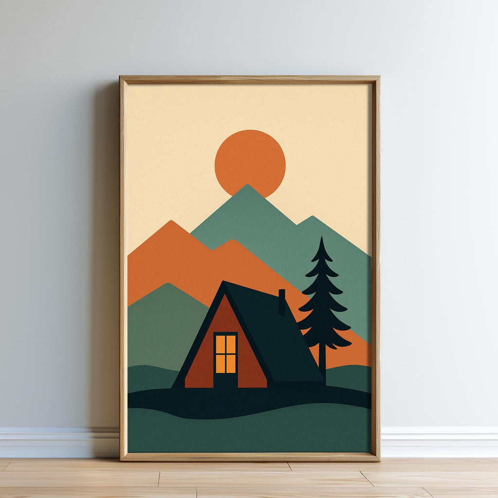The image is a framed illustration depicting a cabin in a mountainous landscape with a large orange sun in the sky.
