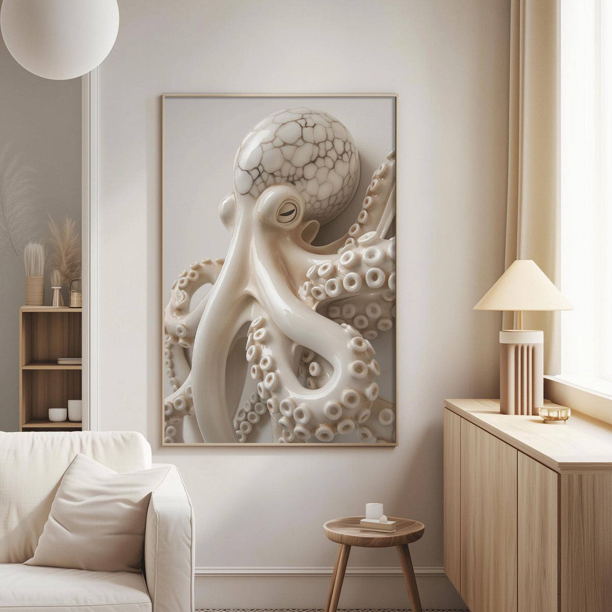 a large framed picture of an octopus on the wall in a living room.