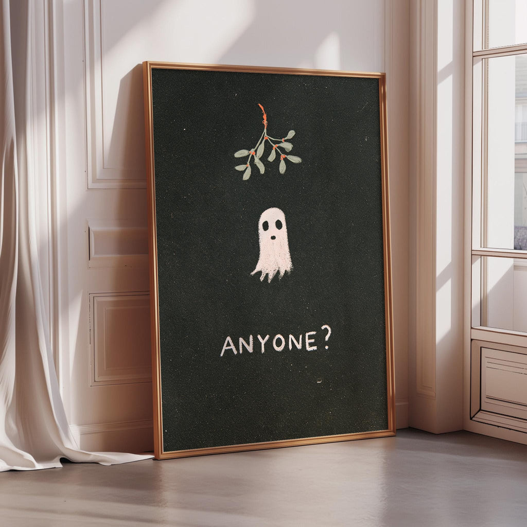 a framed poster with a ghost and the text "ANYONE?"