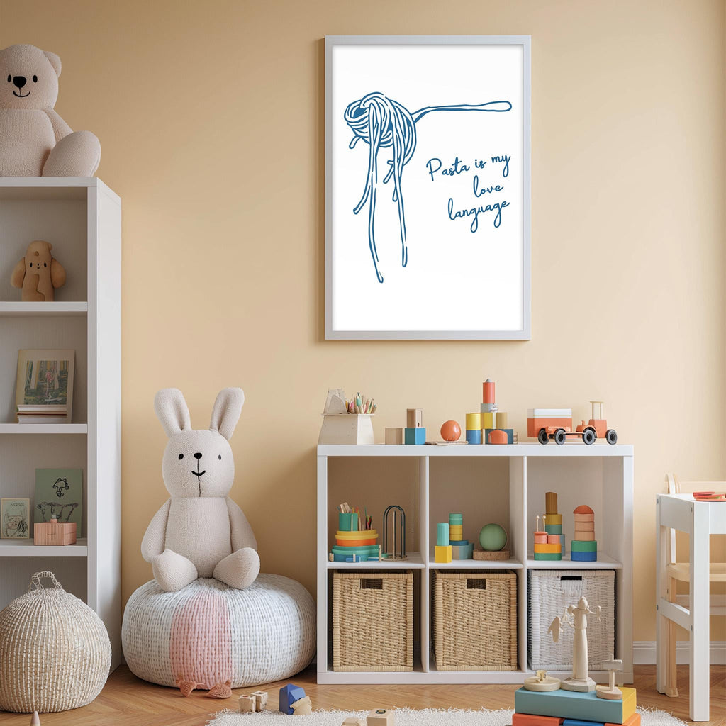 A cozy children's room with a white bookshelf, a plush rabbit, and a colorful toy box filled with toys. A framed poster with a drawing of spaghetti noodles and the text "Pasta is my love language" hangs on the wall.