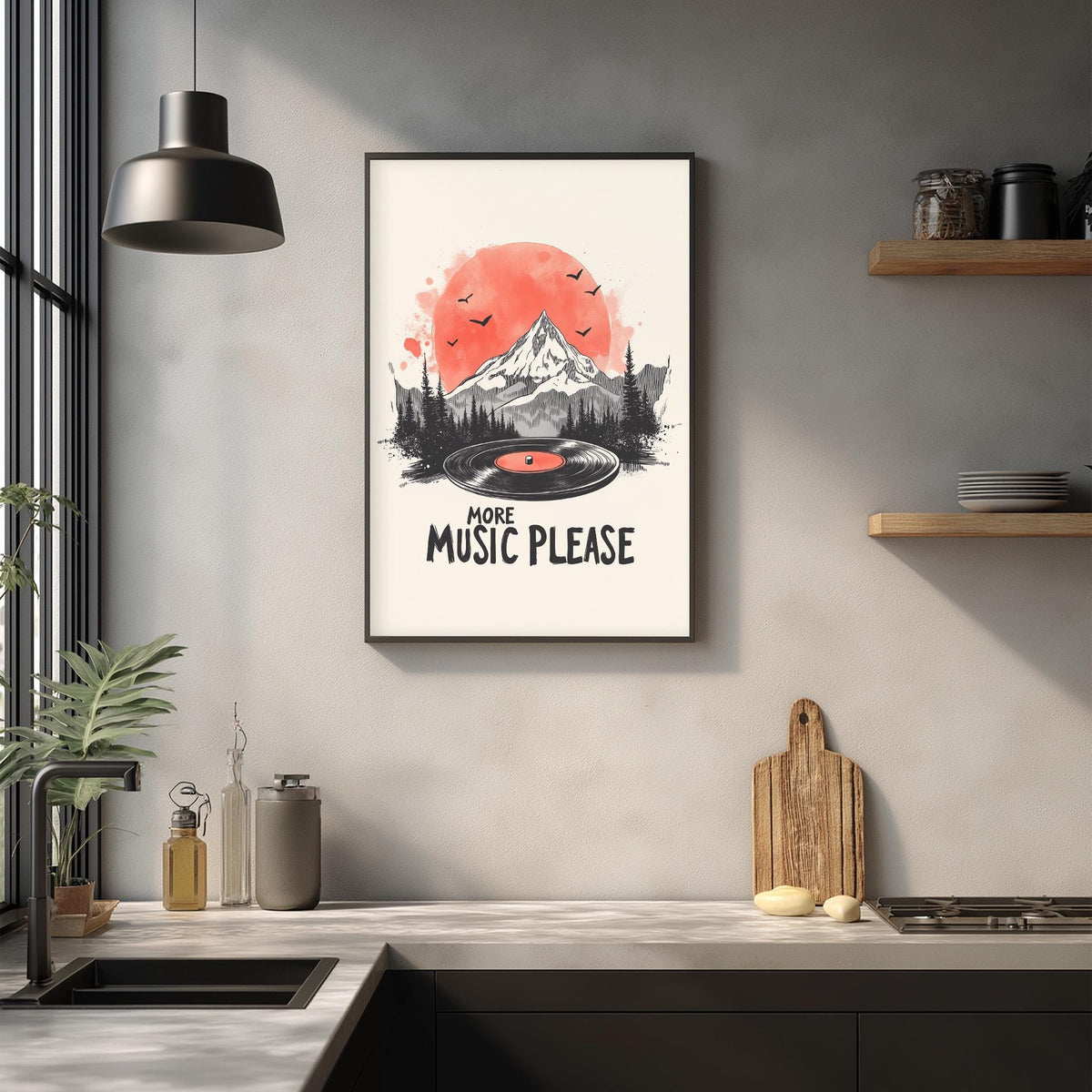 a framed poster with a mountain landscape and a record player, along with the text "MORE MUSIC PLEASE" displayed on the poster.