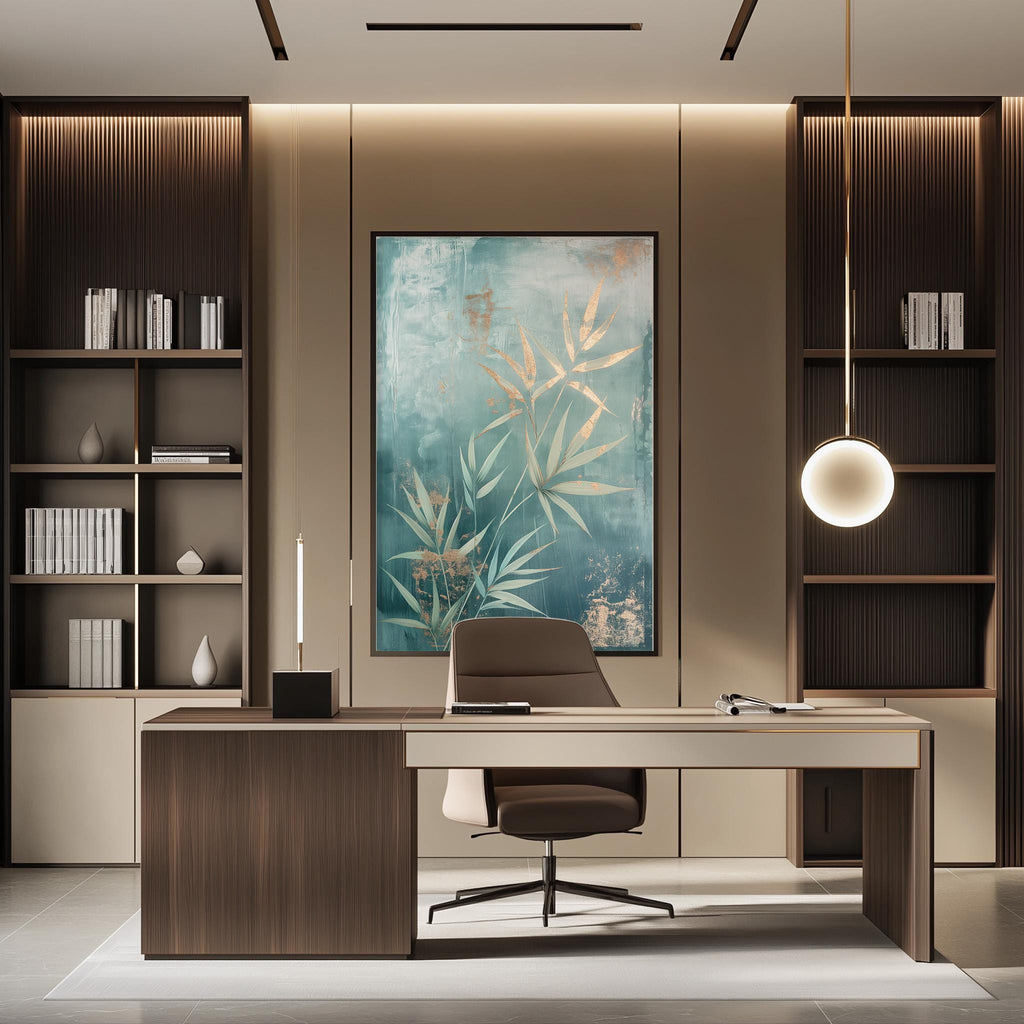 a modern and well-designed office space with a large abstract painting on the wall, a wooden desk with a chair, and built-in bookshelves.