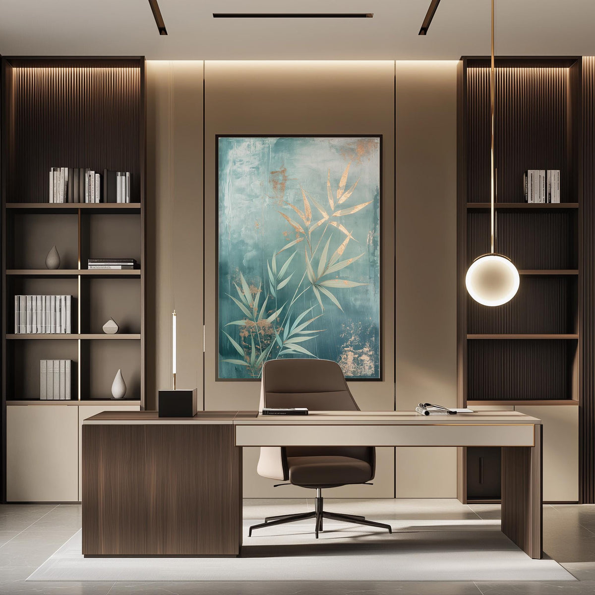 a modern and well-designed office space with a large abstract painting on the wall, a wooden desk with a chair, and built-in bookshelves.