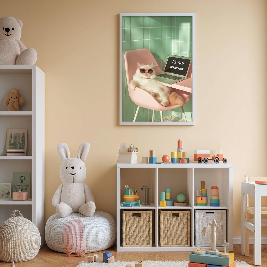 A cozy children's room with a pink chair, a stuffed rabbit, and a shelf filled with toys. A framed poster of a cat sitting on a chair with a laptop on it is displayed on the wall.