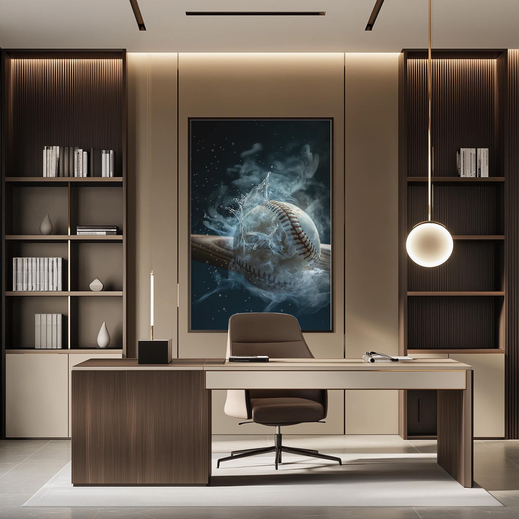 a modern and stylish office space with a large framed artwork of a baseball suspended in mid-air, creating a dynamic and energetic atmosphere.