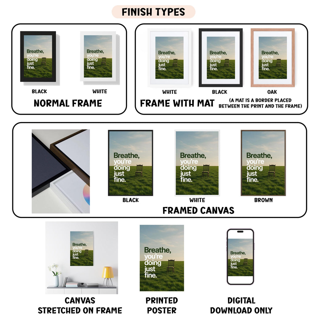 various framed artworks and a digital poster, each with different finish types and frame styles.