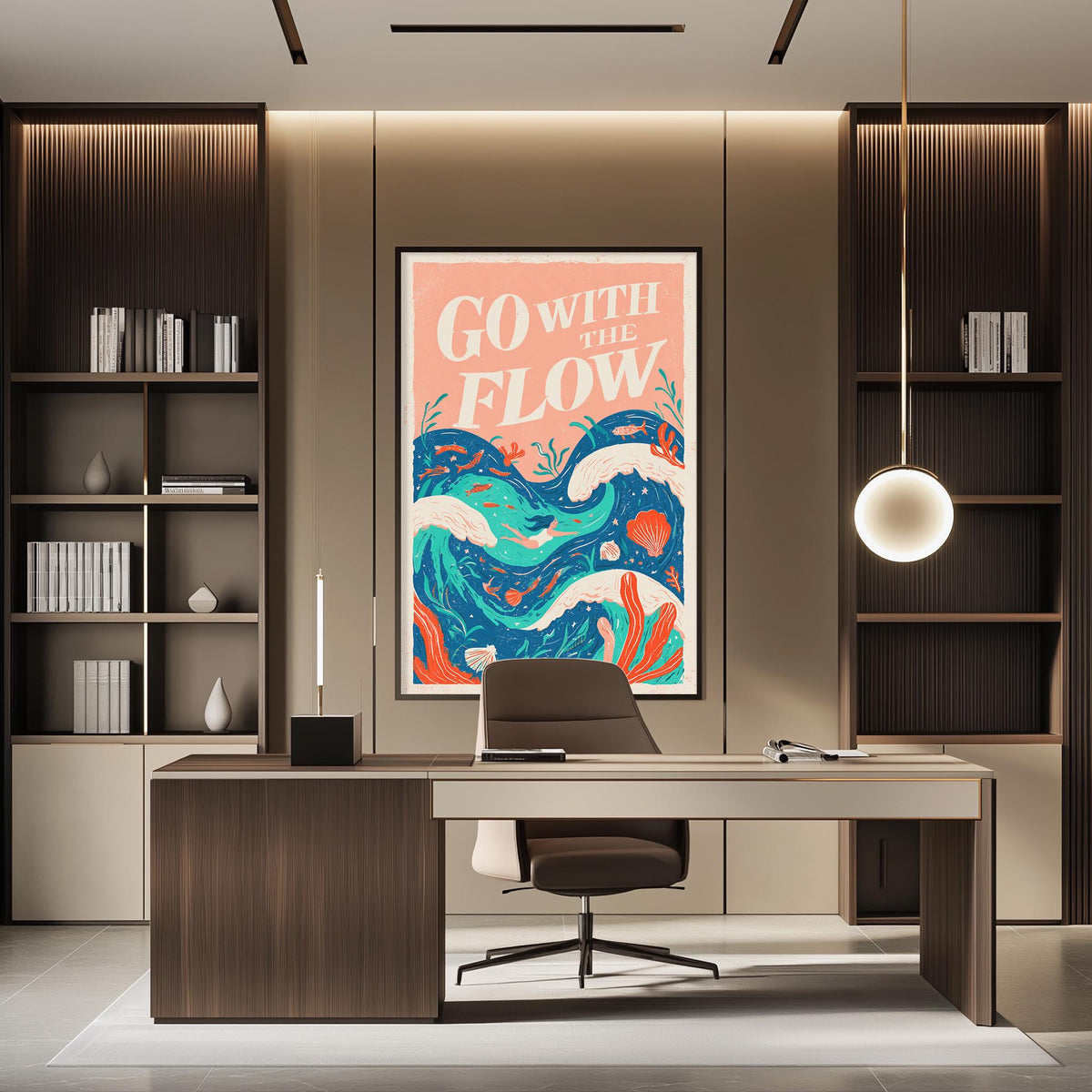 a modern office space with a large framed poster on the wall that says "Go with the flow". The office has a wooden desk, a chair, and a bookshelf filled with books. The overall design and decor create a professional and stylish atmosphere.