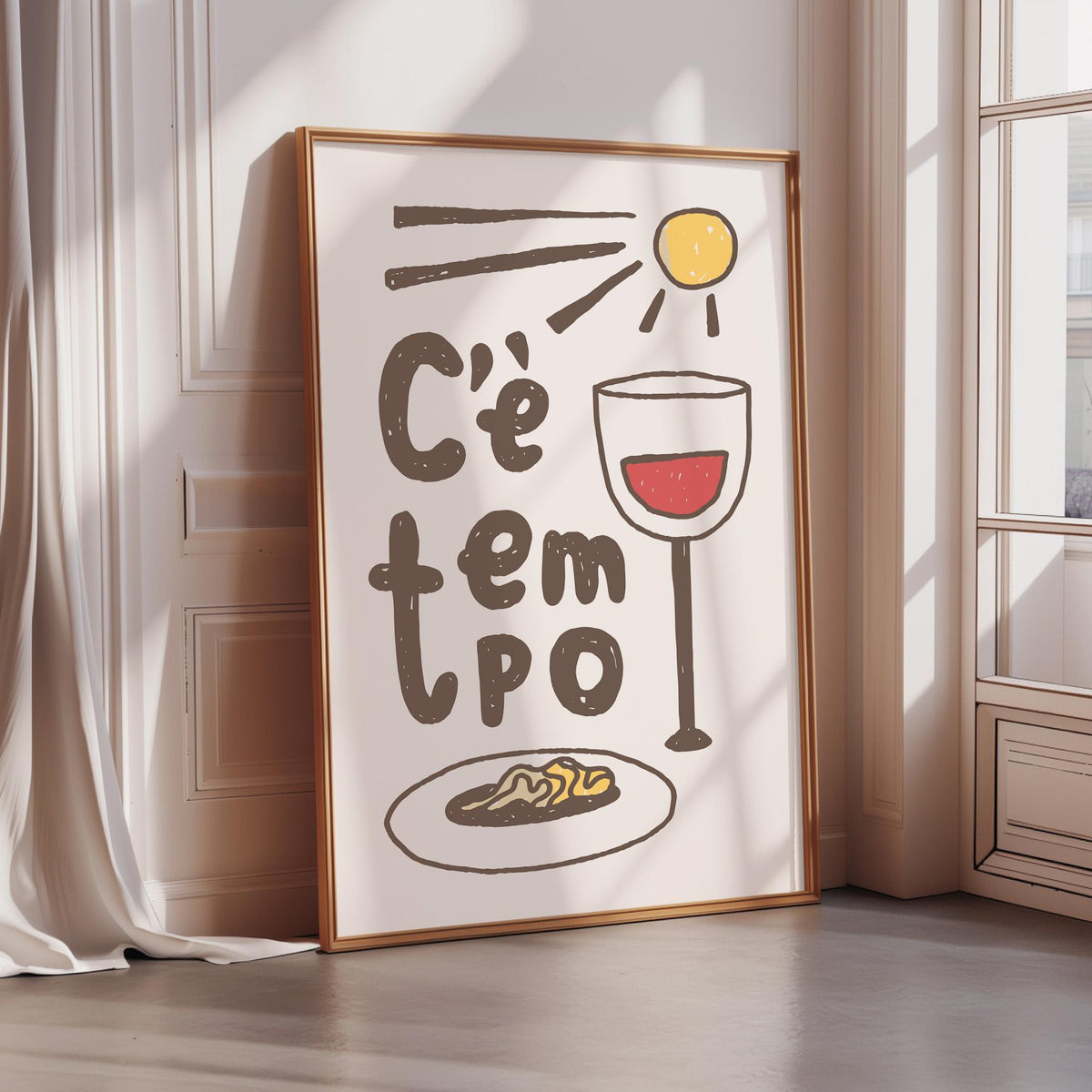 a framed poster with a stylized illustration of a wine glass and a plate of food, along with the text "C'e tem po" which translates to "A glass of wine".