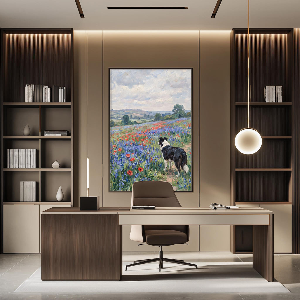a modern office space with a large painting of a dog in a field of flowers hanging on the wall. The office features a wooden desk, a comfortable chair, and a bookshelf filled with books. The overall design and decor create a serene and inviting atmosphere.