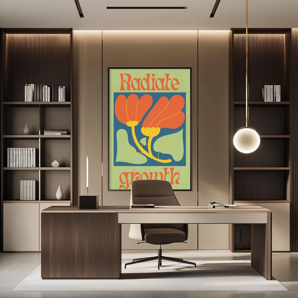 a modern office space with a large poster of a flower on the wall, a desk with a chair, and a bookshelf.