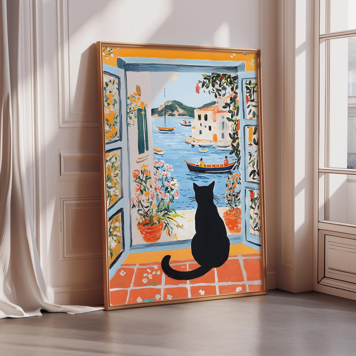 A large painting depicting a black cat sitting on a windowsill, looking out at a scenic view of a harbor with boats and buildings.