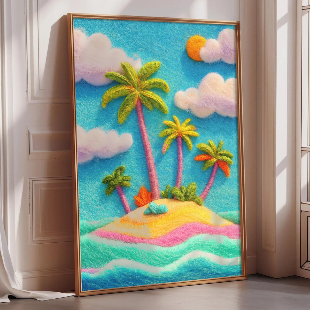 A framed painting depicting a vibrant, colorful beach scene with palm trees, a sandy beach, and a turquoise ocean.