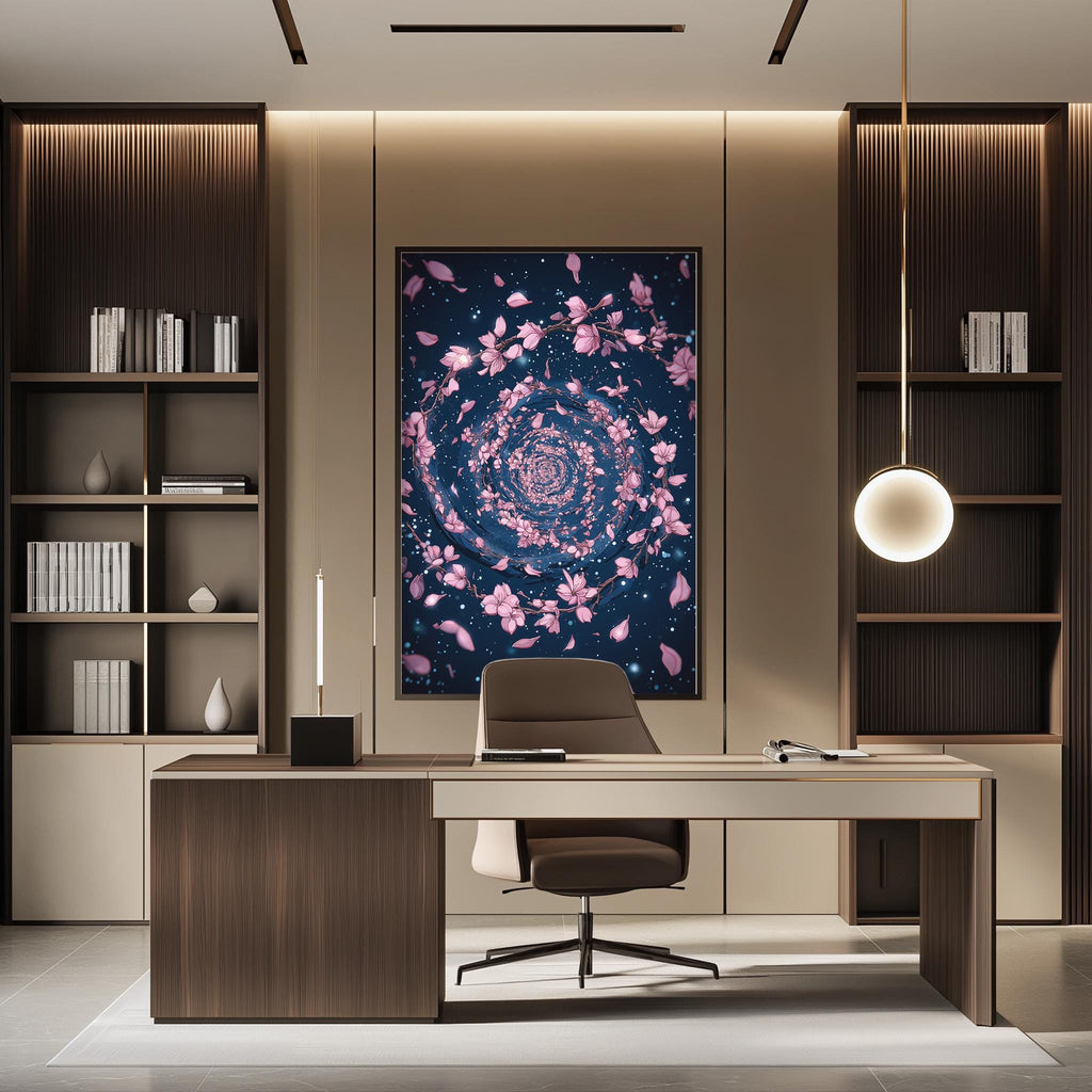 a modern and stylish office space with a large abstract floral artwork on the wall behind a desk. The desk is positioned in front of the artwork, creating a focal point in the room. The office also features built-in bookshelves and a pendant light, contributing to the overall contemporary design.