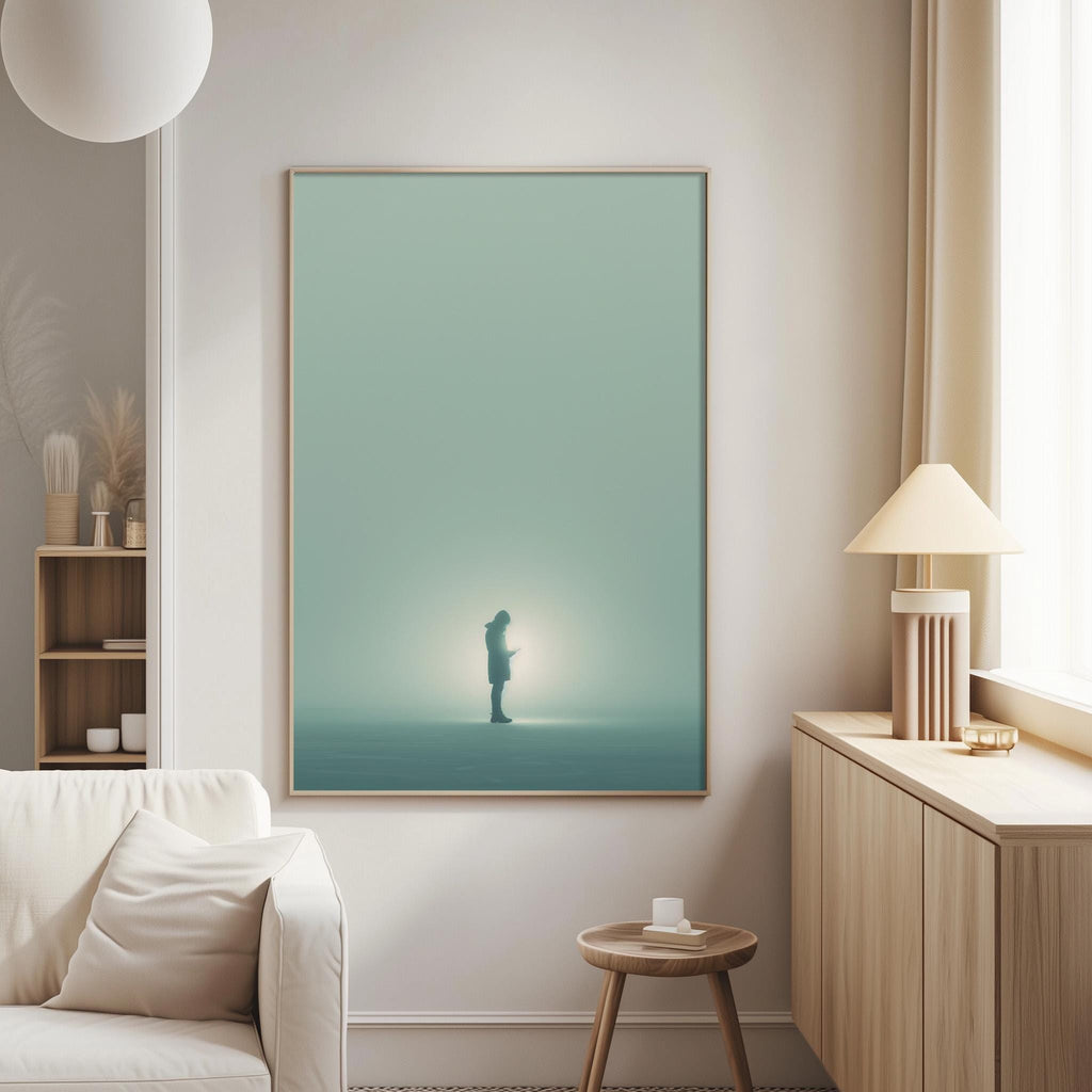 a serene living room with a large framed picture of a person standing in a foggy landscape, illuminated by a light source. The room is furnished with a white sofa, a wooden side table, and a lamp, creating a cozy and inviting atmosphere.