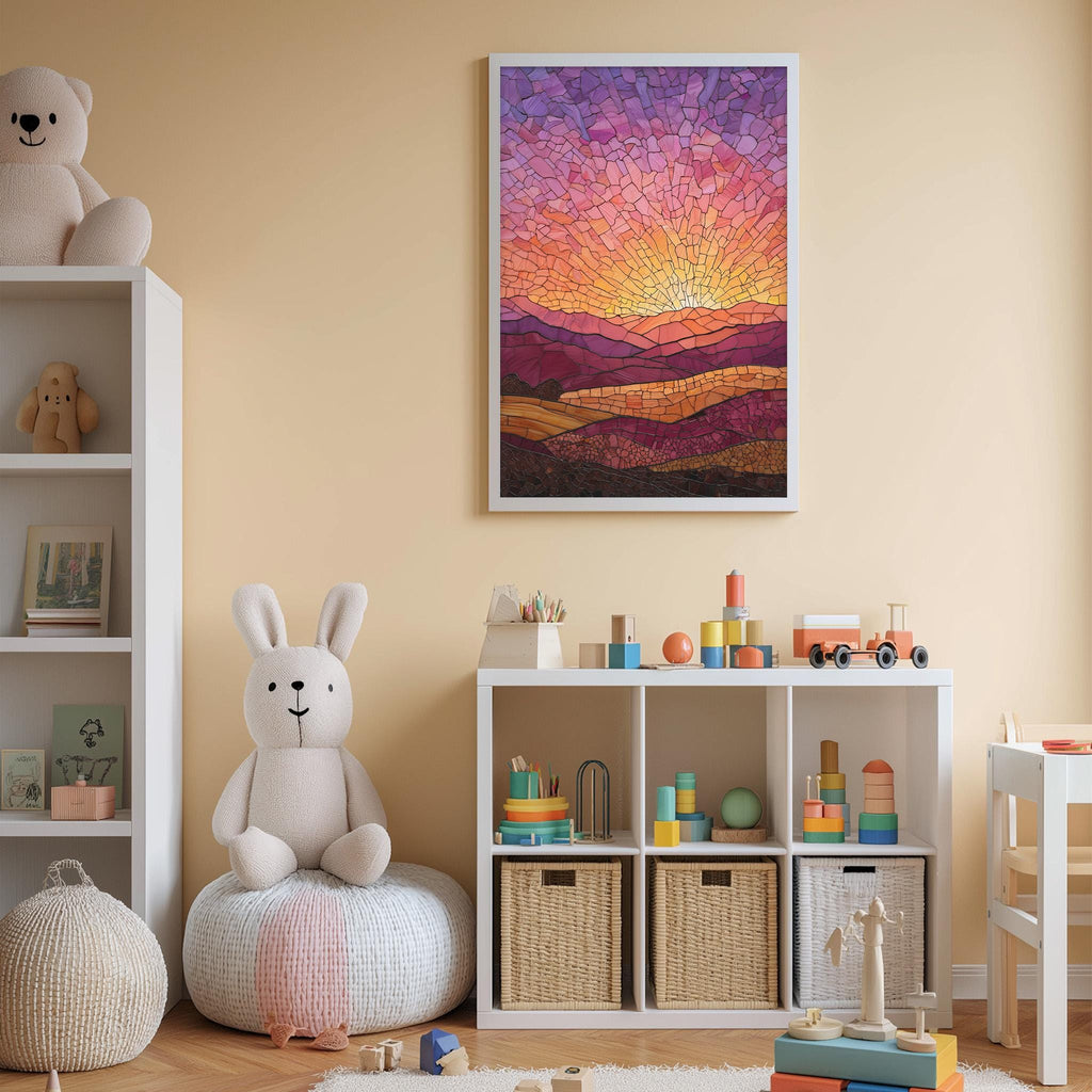 A cozy children's room with a large stuffed rabbit, a colorful mosaic painting on the wall, and a toy shelf filled with various toys.
