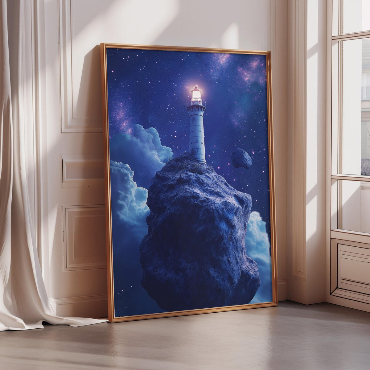The image is a large framed painting depicting a lighthouse on a rocky cliff, surrounded by a starry night sky.