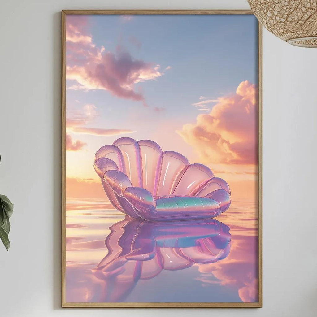a painting of a shell on a table next to a potted plant