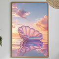 a painting of a shell on a table next to a potted plant