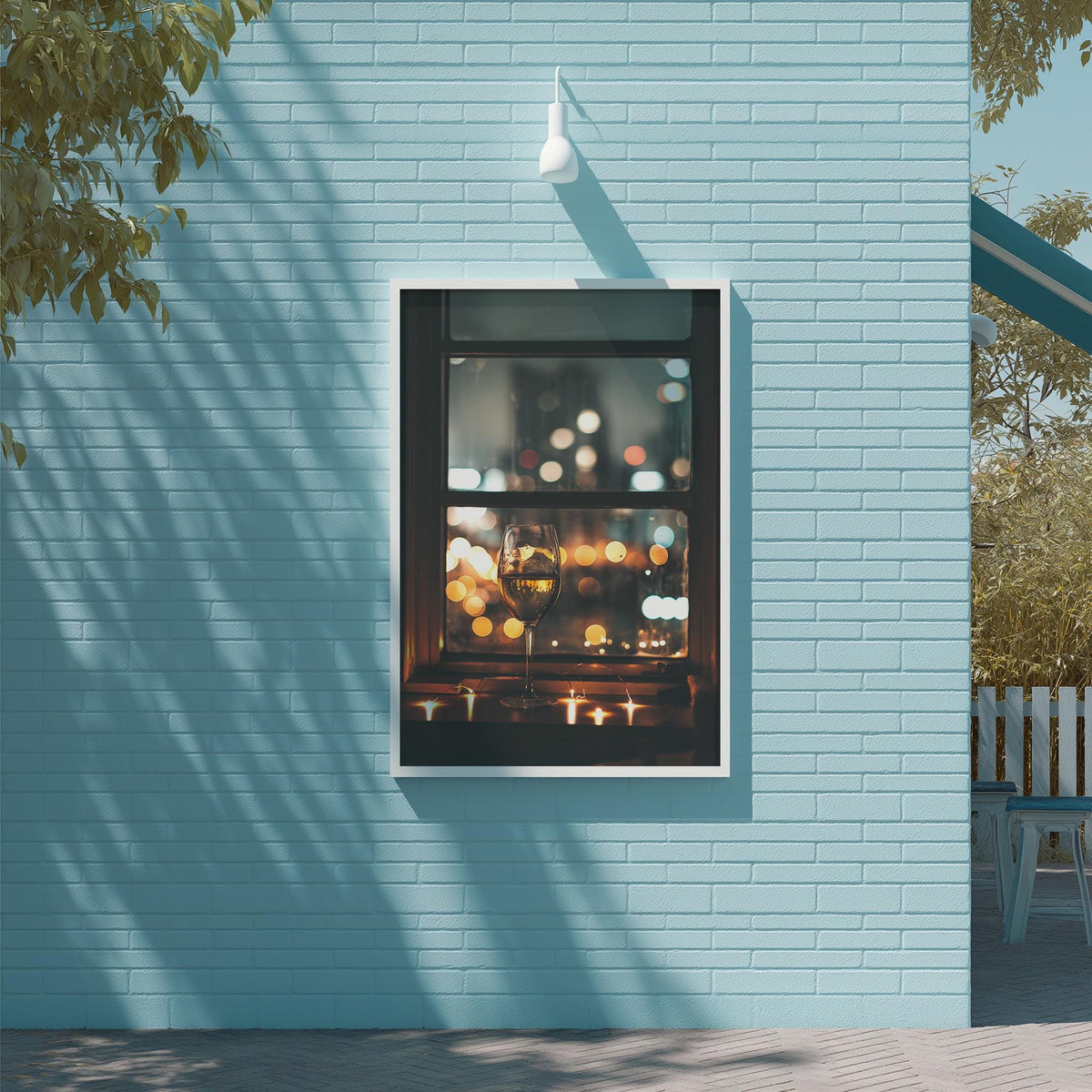 a blue brick wall with a framed picture of a lit window, creating a warm and inviting atmosphere.