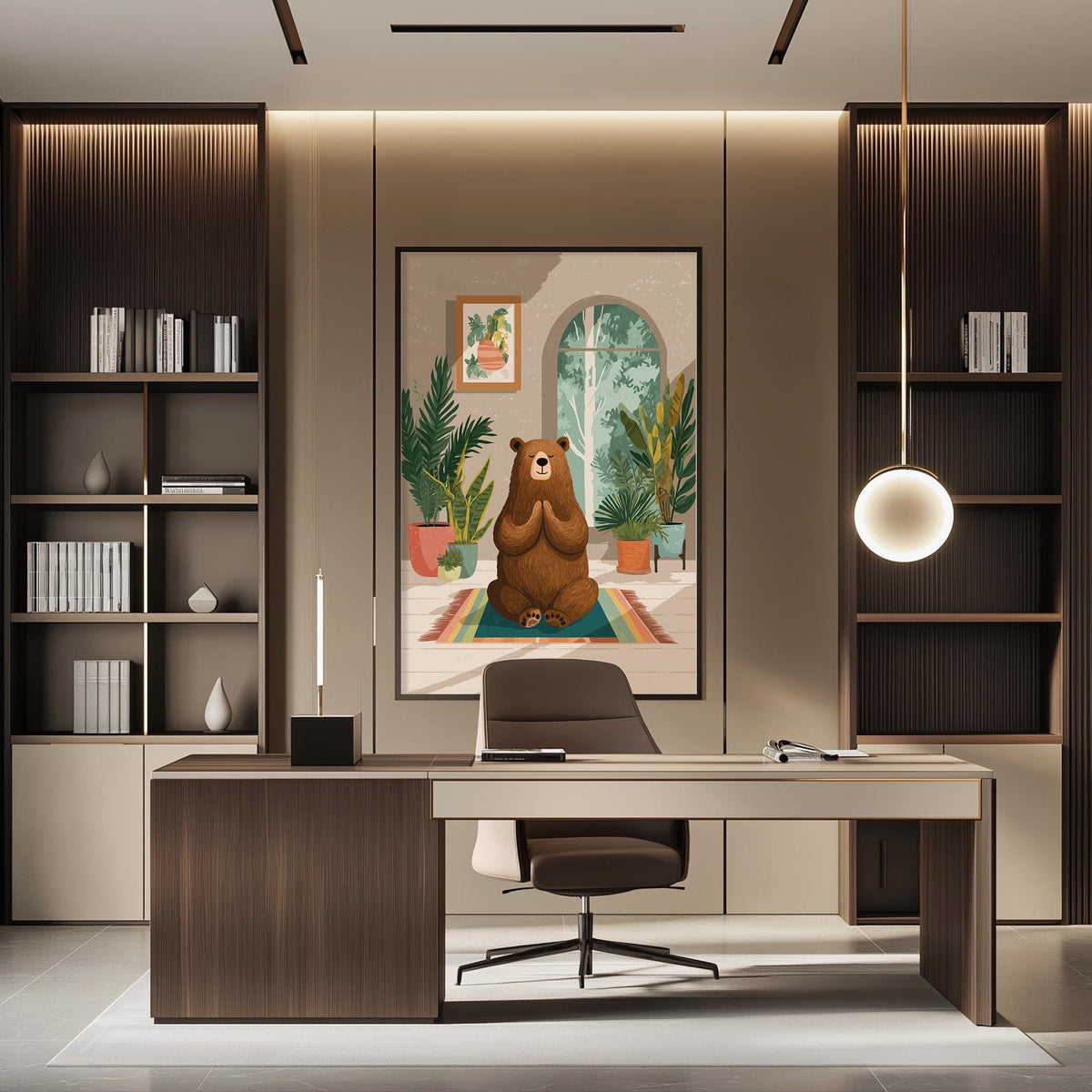 a modern office space with a large painting of a bear sitting on a rug in the center of the room. The office has a wooden desk, a chair, and a bookshelf on either side of the desk. The overall design and decor create a calm and professional atmosphere.