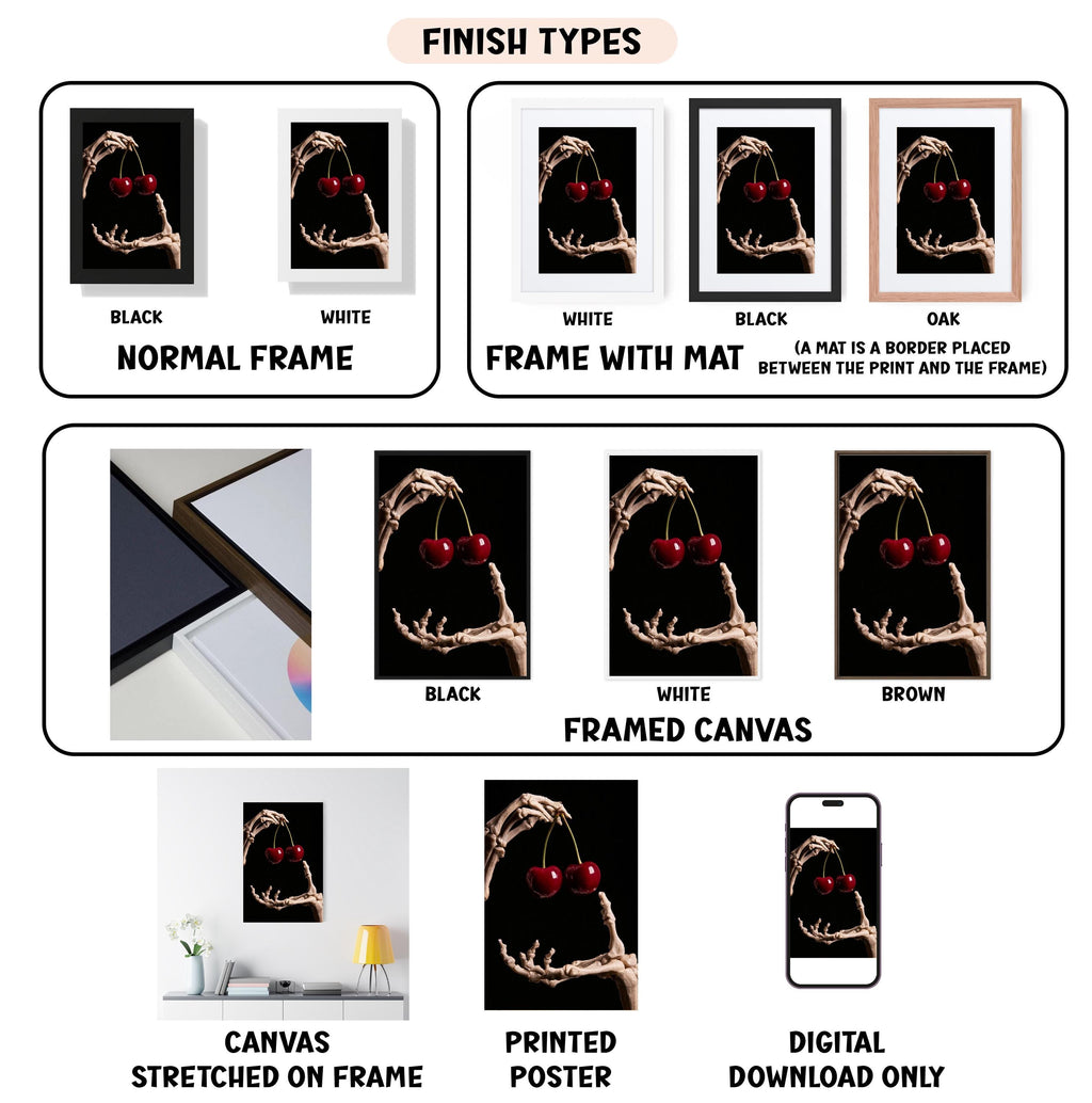 various finish types for a framed artwork, including a normal frame, a frame with a mat, a black frame, a white frame, a black frame, a white frame, a brown frame, a stretched canvas, a printed poster, and a digital download only.