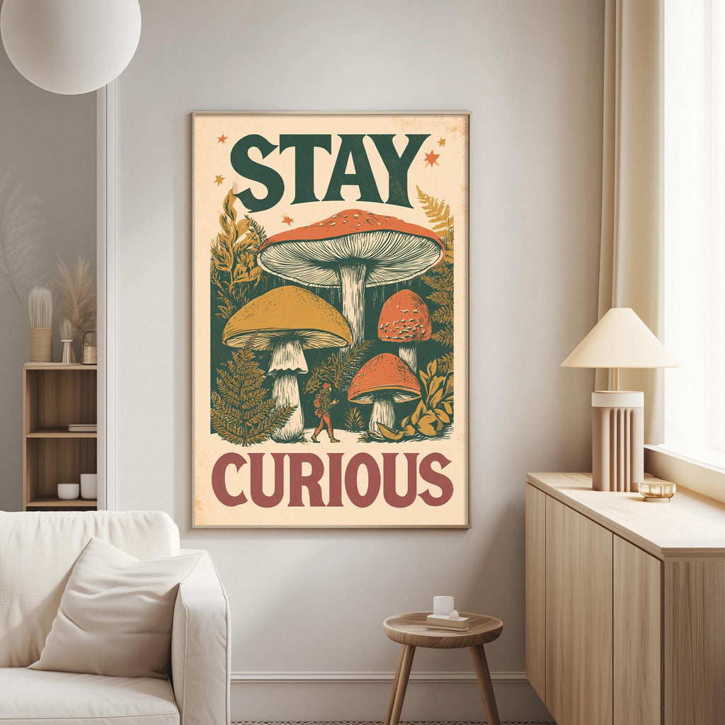 a poster with a mushroom and plant design, hanging on a wall in a living room.