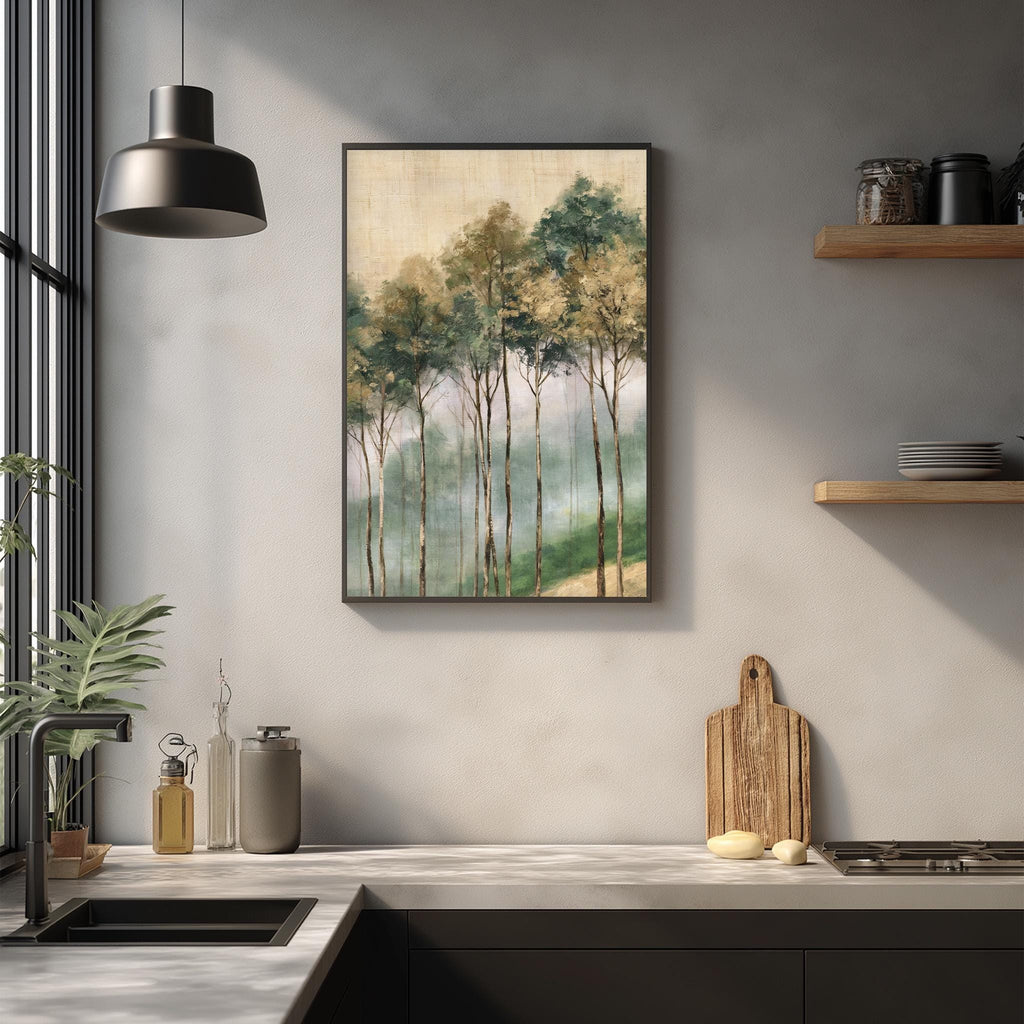 a kitchen counter with a framed painting of trees hanging above it, a wooden cutting board, and various kitchen items such as a bottle, a vase, and a bowl.