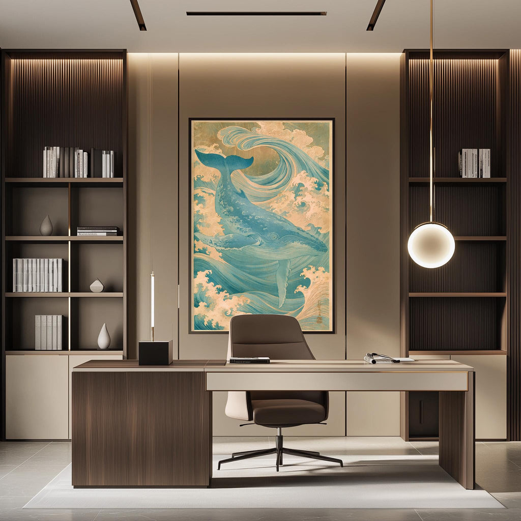 a modern and stylish office space with a large whale painting on the wall, a wooden desk with a chair, and built-in bookshelves.
