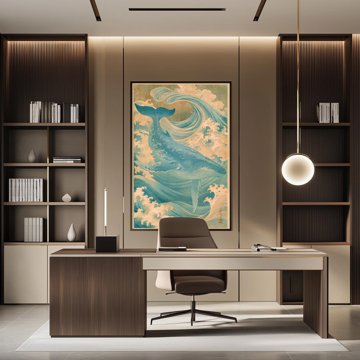 a modern and stylish office space with a large whale painting on the wall, a wooden desk with a chair, and built-in bookshelves.