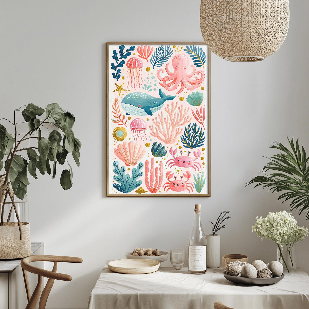 a vibrant and colorful underwater scene with various marine life, including an octopus, whale, jellyfish, and coral, all set against a white background. The scene is framed and hung on a wall above a dining table, which is adorned with a vase of flowers, a bottle, and a bowl of fruit. The table also has a plate, a cup, and a bowl, suggesting a meal or gathering taking place in this cozy and inviting space.