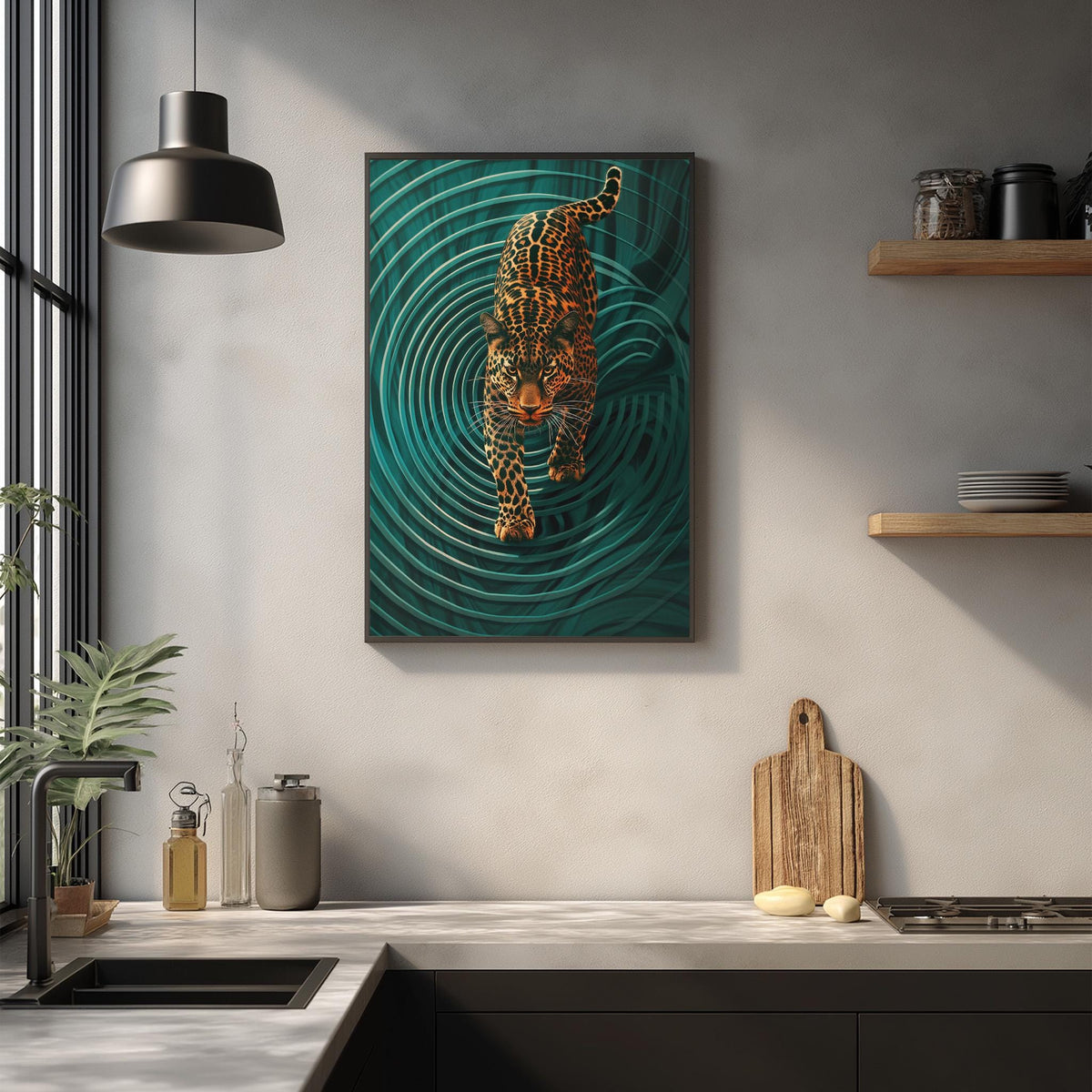 a kitchen counter with a framed artwork of a leopard on the wall above it. The counter also has various kitchen items such as a cutting board, a knife, and a bottle.