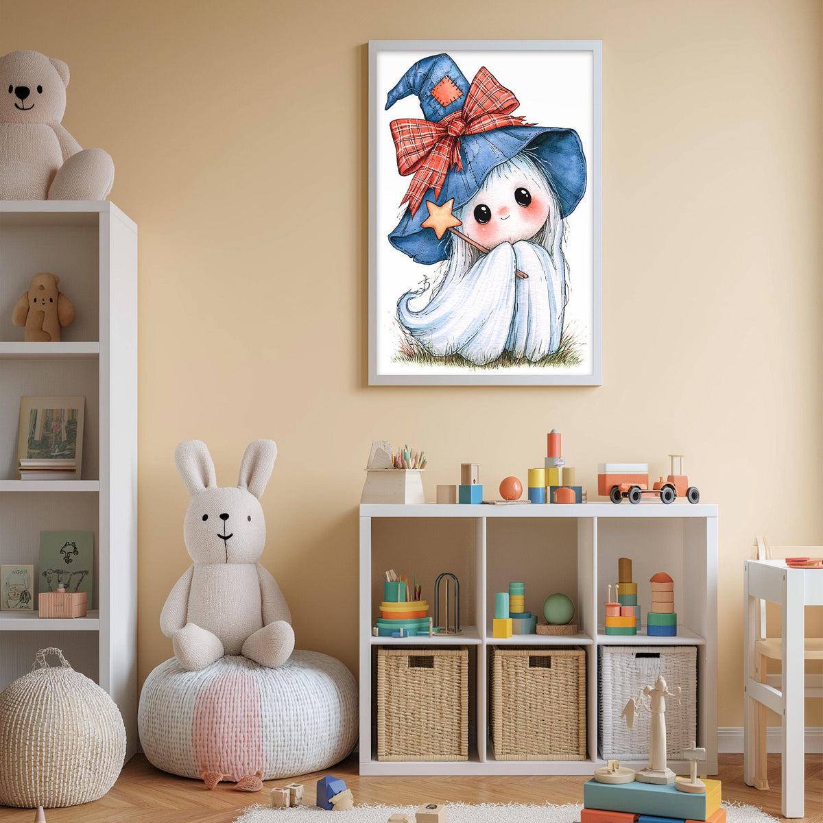 A cozy children's room with a white bookshelf, a plush bunny, and a framed illustration of a whimsical ghost character wearing a witch's hat.