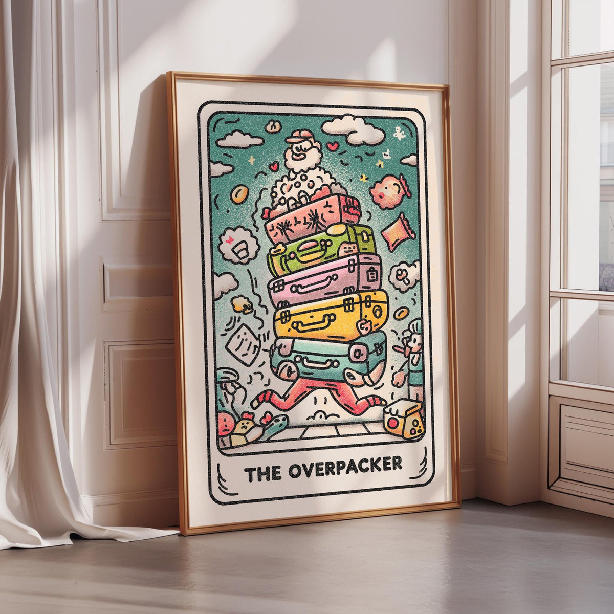The image is a framed illustration depicting a whimsical scene with a stack of colorful suitcases and various objects, including a person and a bird, all set against a backdrop of a blue sky with clouds.