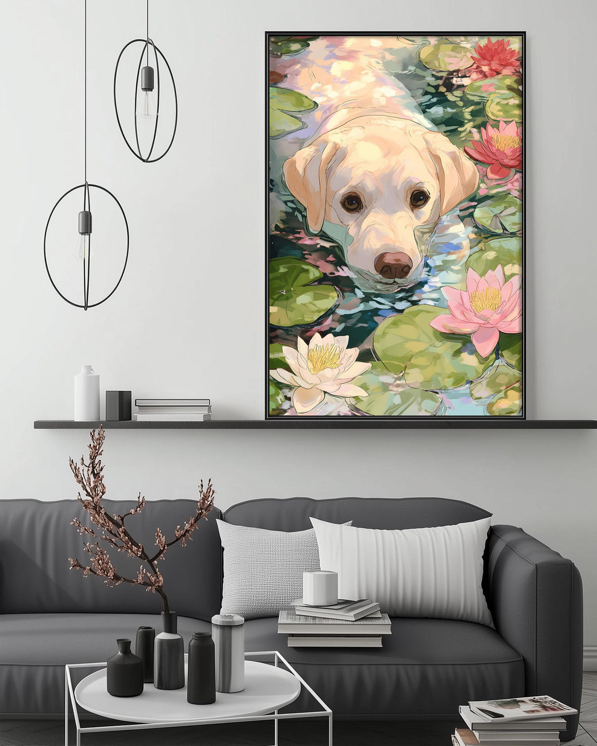 a large, colorful painting of a dog swimming in a pond, surrounded by flowers, hanging on a wall above a gray couch in a living room setting.