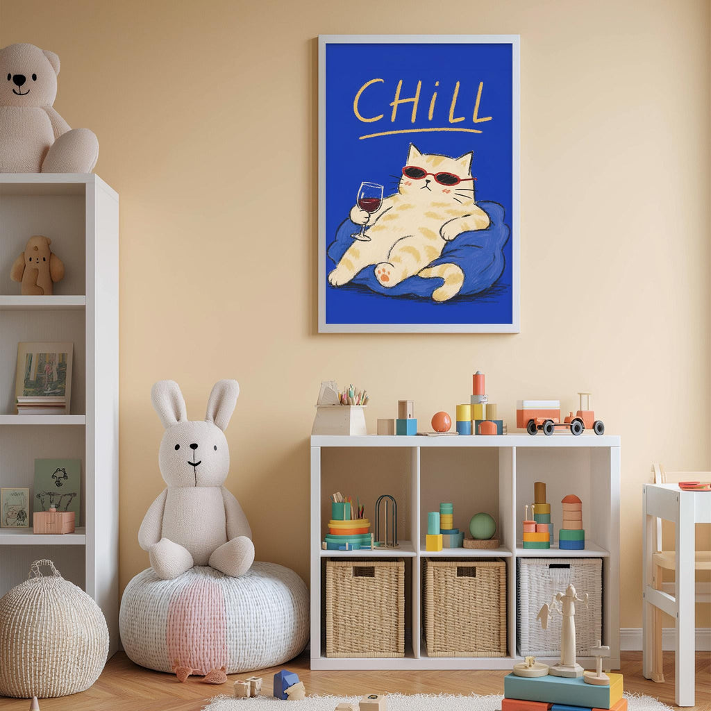 A child's bedroom with a white bookshelf, a stuffed rabbit, a toy train, and a framed poster of a cat wearing sunglasses.