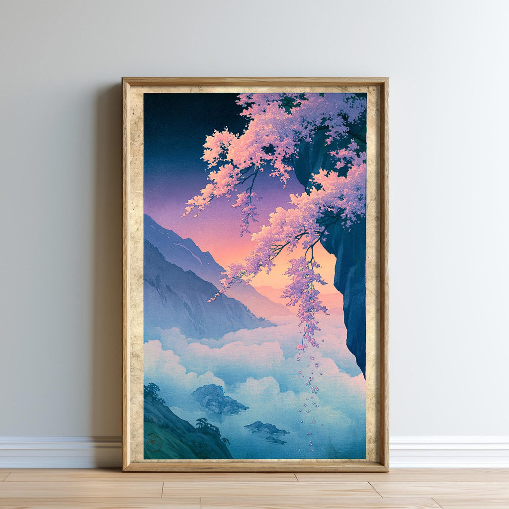 The image is a framed painting depicting a serene landscape with a mountain range, a waterfall, and a sky filled with clouds and pink flowers.