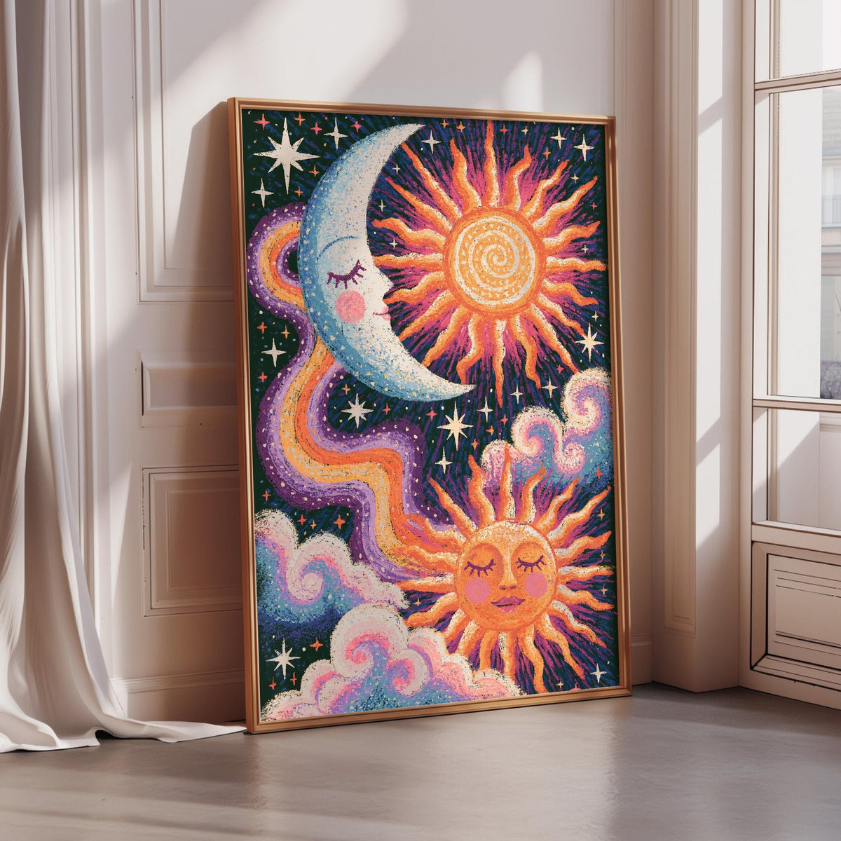 a vibrant and whimsical painting of a crescent moon, sun, and clouds, set against a starry night sky.