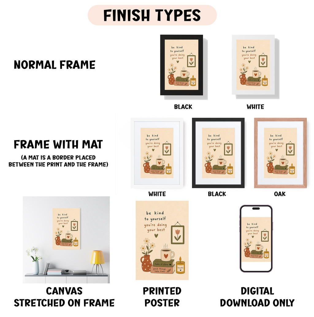 various types of framed artworks, including a normal frame, a black frame, a white frame, a black frame, an oak frame, a white frame, a printed poster, and a digital download only. The artworks are displayed in different frames, and the text provides information about the finish types of the artworks.
