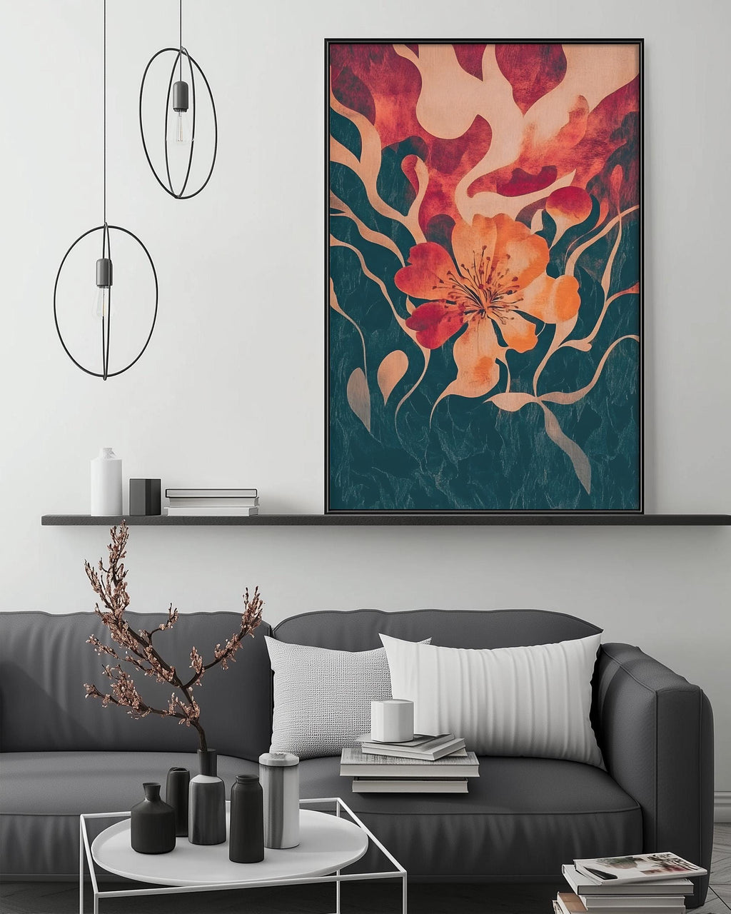 a modern living room with a gray sofa, a coffee table, and a large abstract floral painting hanging on the wall above the sofa.