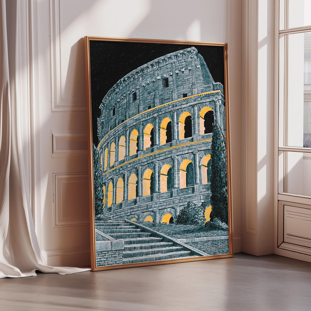 a large framed painting of the Colosseum in Rome, Italy, with its iconic curved architecture illuminated at night.